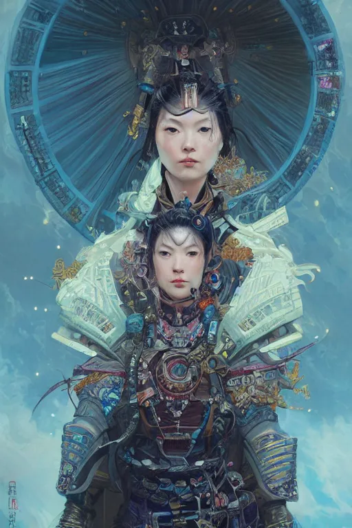 Prompt: portrait of a beautiful cyberpunk samurai woman wearing a warrior armor, beautiful symmetrical face, fantasy, regal, fractal crystal, fractal gems, by stanley artgerm lau, greg rutkowski, thomas kindkade, alphonse mucha, loish, norman rockwell.