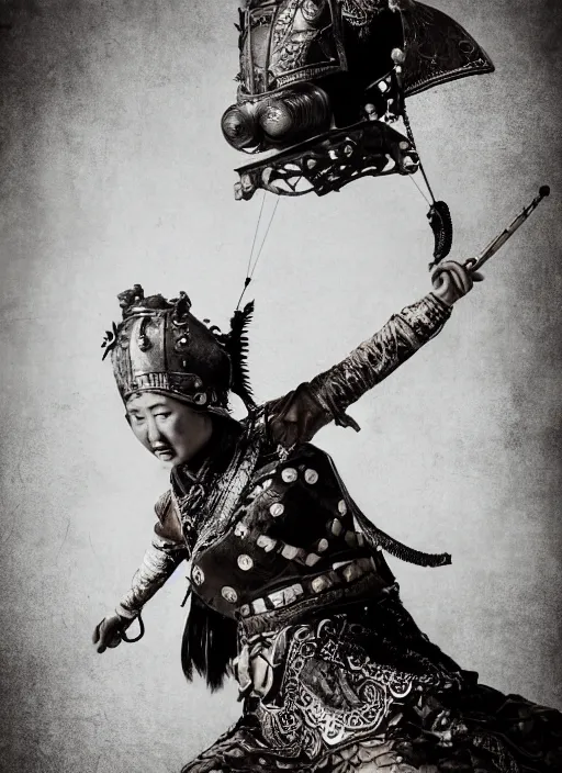 Image similar to old vintage photo of Chinese ancient warrior female on the complex steam punk hooverboard, extreme sports photography , dynamic photography, high speed,dirt and grawel flying in the spot, lens flares, dust in the air, moody lighting, intricate, elegant, highly detailed, centered, smooth, sharp focus, sports photography, old photo, black and white, sepia, cinematic lighting, cinematic angle, national geographic