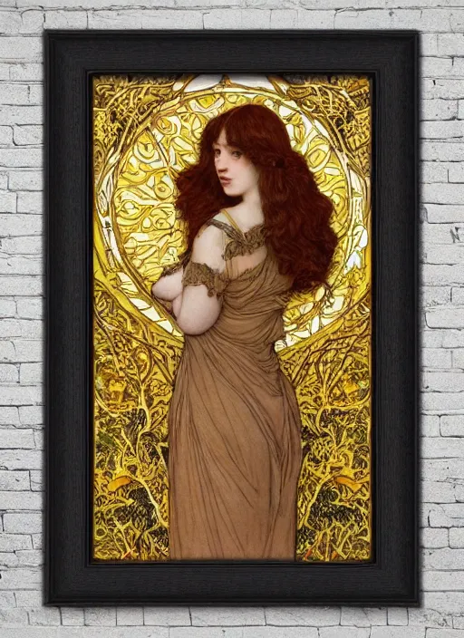 Prompt: masterpiece beautiful seductive flowing curves pose preraphaelite portrait photography, straight bangs, yellow ochre ornate medieval dress, mushroom forest arch, william morris and kilian eng and mucha, framed, 4 k