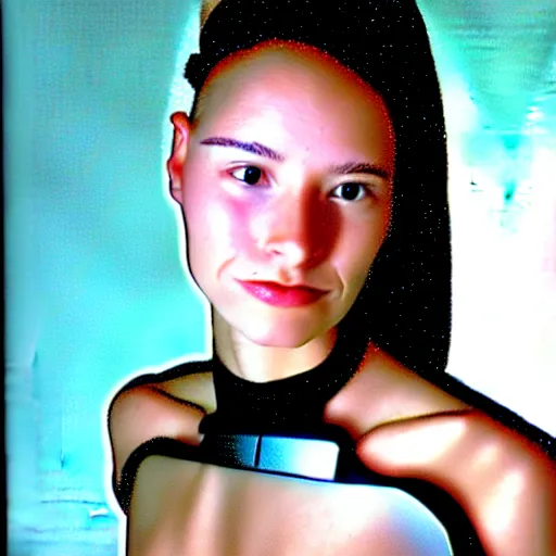 Prompt: portrait photo of a beautiful female cyborg. 1990s. year book