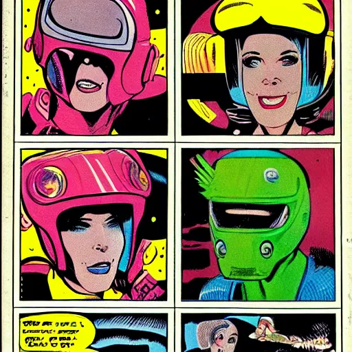 Image similar to alien racing drivers, space, comic, racers, retro, 70s, comic book, girl