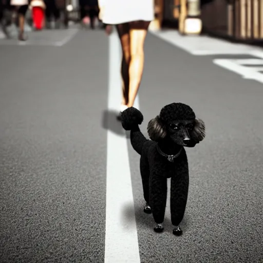 Image similar to a small poodle, walking on the street, on a leash, owner on the right hand side, photorealistic, 4k