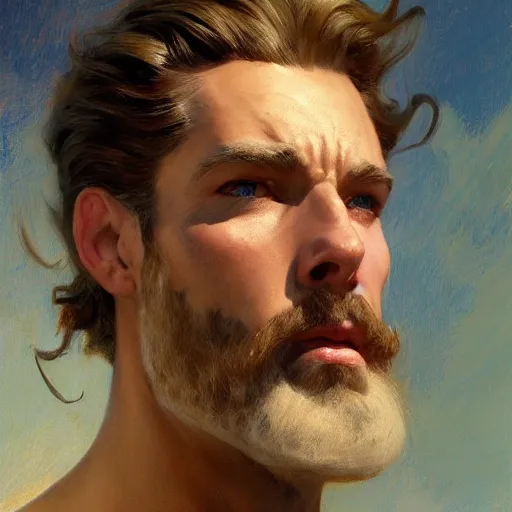 Prompt: detailed cinematic wide shot of muscular attractive masculine sea captain man beard slim face symettrical face clean skin blue eyes white hair, ultra realistic, spring light, painting by gaston bussiere, craig mullins, j. c. leyendecker