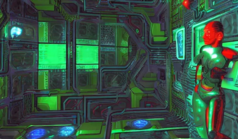 Image similar to Tilda Swinton attacking you in System Shock 2, gameplay screenshot