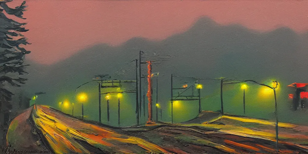 Prompt: impasto landscape, globs of paint, twin peaks washington, pike place, north bend, foggy, lonely!!! quiet, glowing green and red street lights, railroad crossing