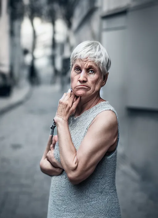 Image similar to color medium shot portrait of 50-year-old woman from Norway with short hair, looking tired, candid street portrait in the style of Rehahn award winning, Sony a7R