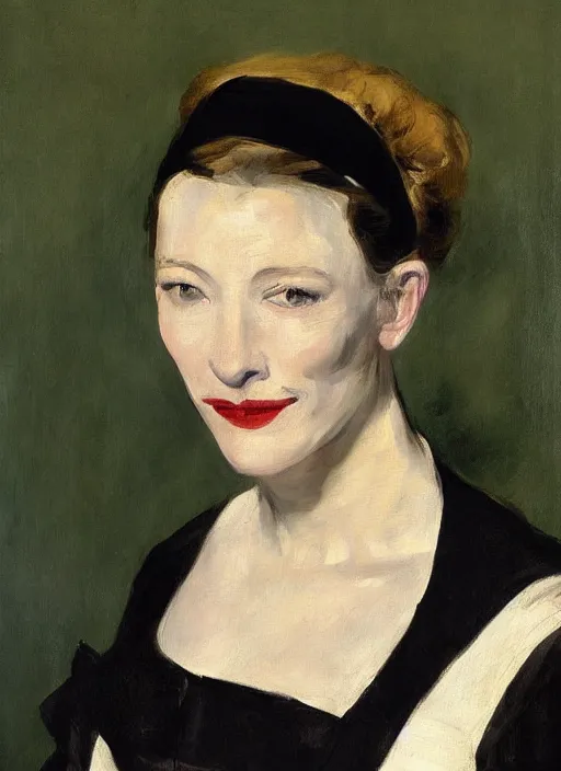 Image similar to An antique oil painting of cate blanchett by Manet, super detailed, hd