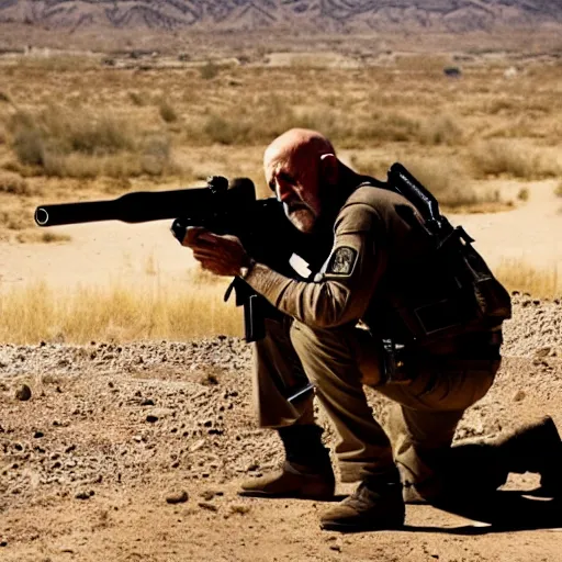 Image similar to Film still of Mike Ehrmantraut in American Sniper aiming with a sniper rifle, 4k, highly detailed