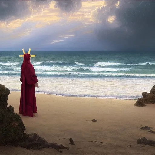 Image similar to a highly detailed tarot card of a large cross standing on the beach as a storm comes in with the tide, woman sitting in the sand watching the ocean, epic fantasy, god rays, rocky beach, ultrawide lense, aerial photography, unreal engine, exquisite detail, 8 k, art by albert bierstadt and greg rutkowski and thomas moran and alphonse mucha