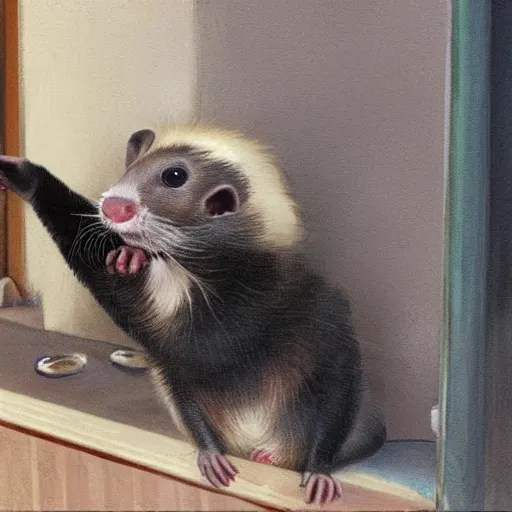 Image similar to ferret bandit robbing a western town, realistic, 8 k