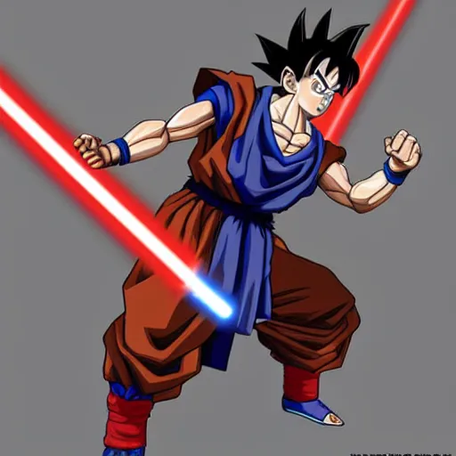 Image similar to Goku wearing a brown floor length rober welding a lightsaber, sci Fi, concept art, detailed, stylized