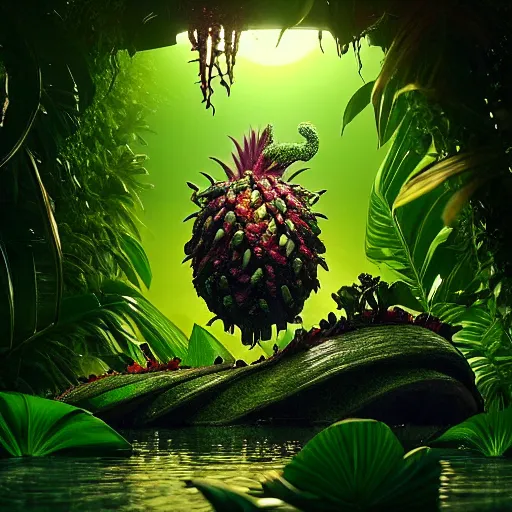 Prompt: tropical fruit creature in a lush trunda vegetation, water reflection, night, backlit, warm tones, bioluminescent : by michal karcz, daniel merriam, victo ngai and guillermo del toro : ornate, dynamic, particulate, intricate, elegant, highly detailed, centered, artstation, smooth, sharp focus, octane render