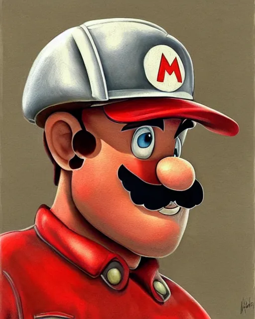 Image similar to portrait of super mario as a soviet factory worker, red cap, gritty, dirty, beautiful, very detailed, hyperrealistic, medium shot, very detailed painting by Glenn Fabry, by Joao Ruas