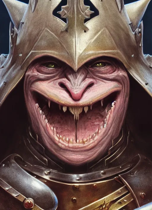 Image similar to highly detailed closeup portrait of a medieval goblin dressed as a knight, stephen bliss, unreal engine, greg rutkowski, ilya kuvshinov, ross draws, hyung tae and frank frazetta, tom bagshaw, tom whalen, nicoletta ceccoli, mark ryden, earl norem, global illumination, god rays, detailed and intricate environment