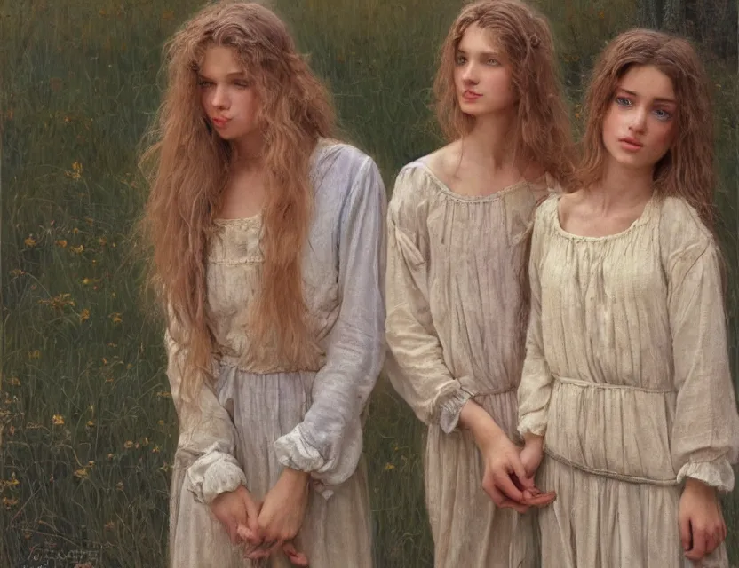 Image similar to beautiful peasant sisters with long hair, cottage core, cinematic focus, polaroid photo bleached vintage pastel colors high - key lighting, soft lights, foggy, by jean auguste dominique by steve hanks, by lisa yuskavage, by serov valentin, by tarkovsky, 8 k render, detailed, oil on canvas