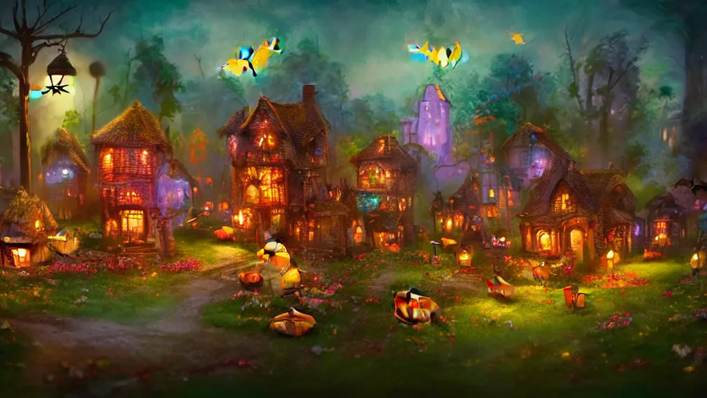 Image similar to village made out of candy!!!!!!, cinematic scene, studio lighting, colorful, fantasy, intricate, forest, fireflies, flowers, halloween, fairytale, ( visually stunning, matte painting, concept art, medium shot, trending on artstation )