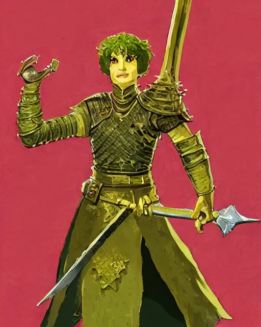 Image similar to beverly toegold the fifth, epic level dnd male halfling verdant paladin of the ancients and green teen, wielding a golden holy sword, wearing magical gleaming chainmail armor. full character concept art, realistic, high detail digital gouache painting by angus mcbride and michael whelan and jeffrey jones