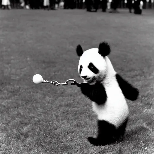 Image similar to of a black and white flash photograph by diane arbus of a panda holding a toy hand grenade in central park.