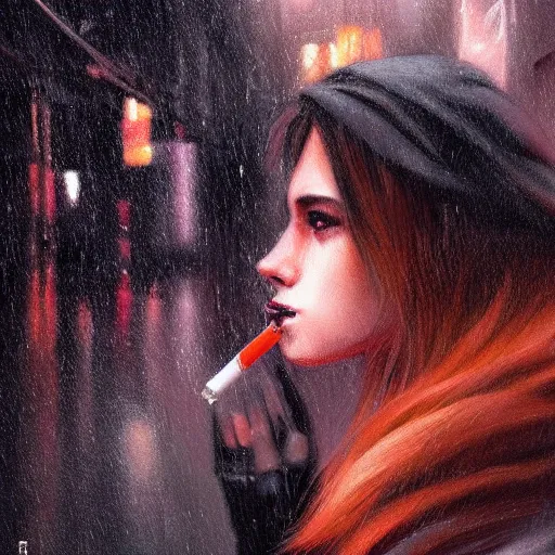 Image similar to beautiful portrait of a female anthro fox, smoking a cigarette in the rain, in crowded and wet street of a city, melancholic, cyberpunk, harsh neon lights, highly detailed, deep shadows, digital painting, shallow depth of field, illustration, art by sakimichan and greg rutkowski