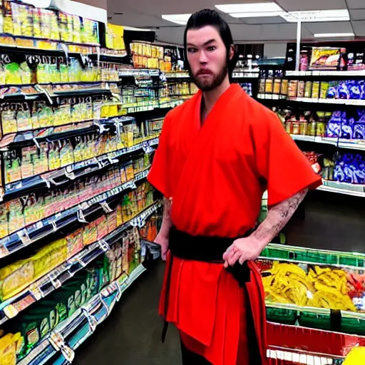 Prompt: photo of real life samurai jack in the supermarket