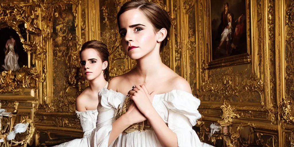 Image similar to Emma Watson portrait baroque room canon 5d mk4