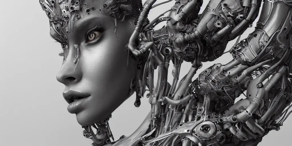 Image similar to photorealistic gorgeous symmetrical female cyborg, holding intimately, highly detailed, intricate detailing, torso, neck, knees, in the style of, beth cavener, jin kagetsu, wlop, masterpiece, concept art, high key lighting, ambient lighting, octane render, 8 k, artstation