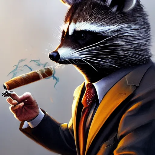 Image similar to a racoon wearing a suit smoking a cigar, dramatic lighting, cinematic, establishing shot, extremly high detail, photorealistic, cinematic lighting, artstation, style by James Gurney