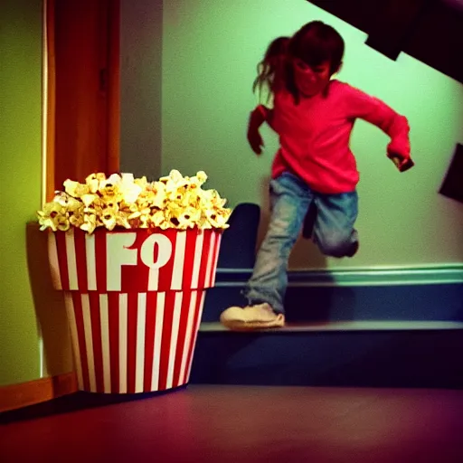 Image similar to mike wazowski falling down the stairs with a bucket of popcorn, iphone photo