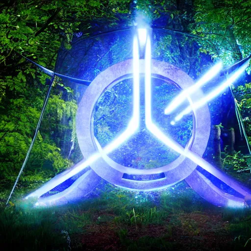 Prompt: a stargate made of stone with embedded blue glowing runes in the middle of a green forest with a beam of light