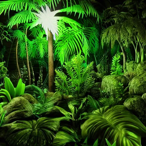 Image similar to « detailed, jungle with low luminosity, far view, luminescent plants »