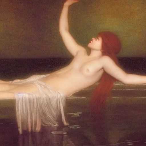 Image similar to beautiful woman suspended in water with silk clothing , 4k, by Jean Delville, cinematic lighting