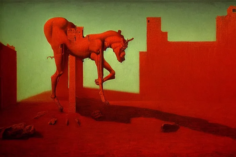 Image similar to only with red, caesar after war, the deal, a red tiger, in hoc signo vinces, rome in background, an ancient path, in the style of beksinski, part by hopper, part by rodcenko, part by hofbauer, intricate composition, red by caravaggio, insanely quality, highly detailed, masterpiece, red light, artstation