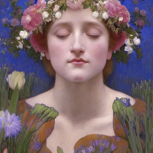 Image similar to princess of flowers, by annie swynnerton and charlie bowater and diego rivera and william - adolphe bouguereau, nicholas roerich and jean delville and evelyn de morgan, dramatic lighting, brocade robes, elaborate floral ornament, rich colors, smooth sharp focus, extremely detailed, donato giancola, adolf wolfli