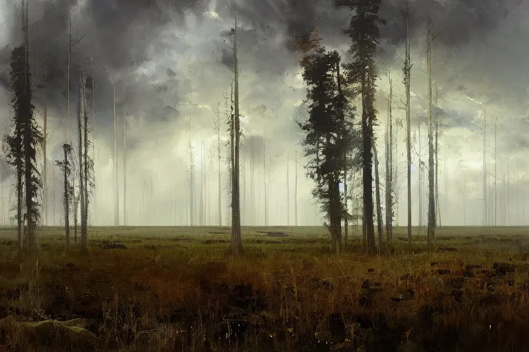 Image similar to painting of estonian bog landscape, by jeremy mann and greg rutkowski, dramatic, cinematic light, green, brown, blue, oil on canvas