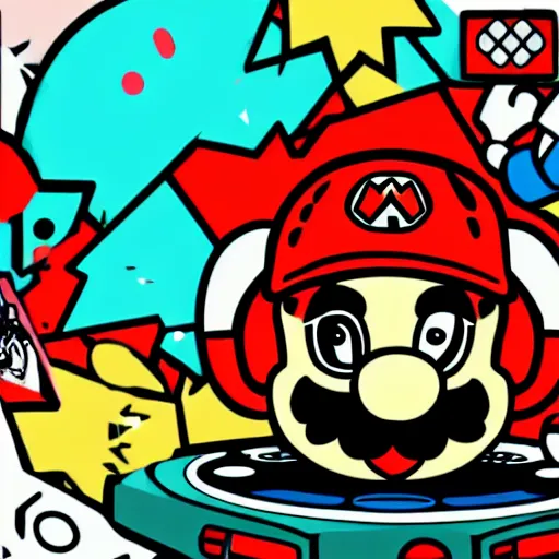 Image similar to svg sticker of a Pop-Wonder SuperMario, Mario-Wearing-a-red-hat, at a rave, spinning records, giant headphones rocking out, wearing headphones, huge speakers, dancing, rave, DJ, spinning records, digital art, amazing composition, rule-of-thirds, award-winning, trending on artstation, featured on deviantart