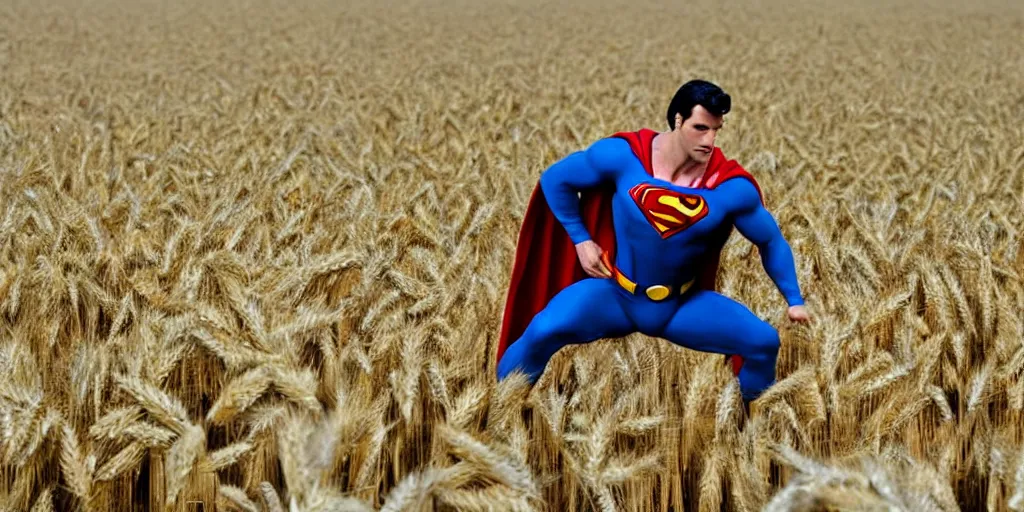 Prompt: superman is cutting wheat in a wheat field