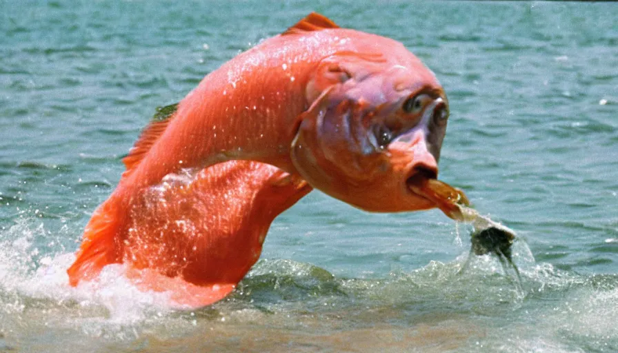 Prompt: 7 0 s movie still of putin in speedo, punching a salmon in the face, focus on face. cinestill 8 0 0 t _ 3 5 mm eastmancolor, heavy grain, high quality, high detail