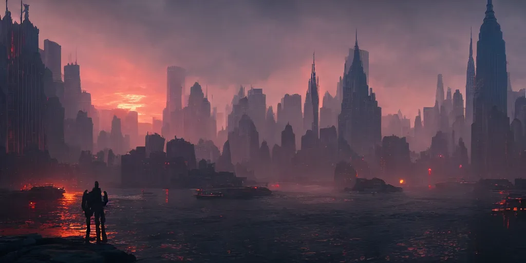 Image similar to establishing shot of a New York, an epic fantasy, dramatic lighting, cinematic, extremely high detail, photorealistic, cinematic lighting, matte painting, artstation, by simon stalenhag, Uncharted 4: A Thief's End