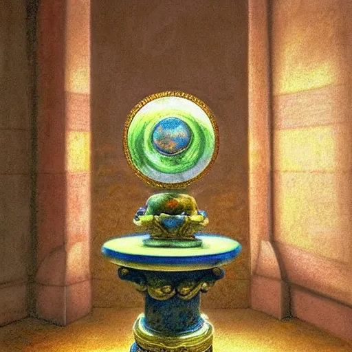 Image similar to still life renaissance pastel painting of a room with a marbled pedestal displaying an ancient holy artifact lotus, chromed and ornate with gentle iridescent shine from within. perspective from the side. realistic light and shadows. moody final fantasy concept art