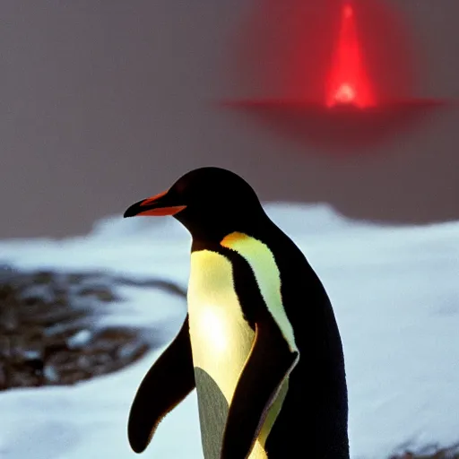 Image similar to penguin with red glowing eyes standing in front of minas morgul