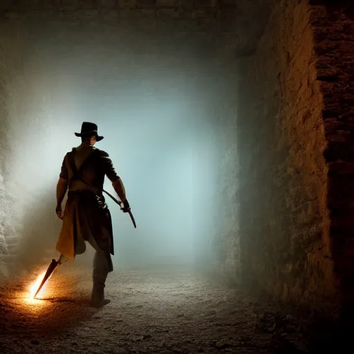 Prompt: still of Henry Cavill as Indiana Jones with a torch in a secret antic room, full body, cinematic light, by Steven Spielberg, movie, 4K
