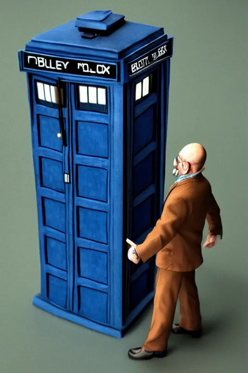 Image similar to walter white and the tardis, photorealistic, highly detailed,