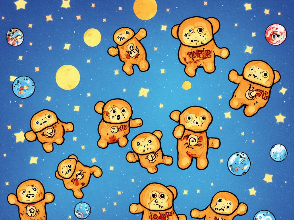 Image similar to happy zombie teddy bears floating in space, cartoon illustration, detailed, sarcastic