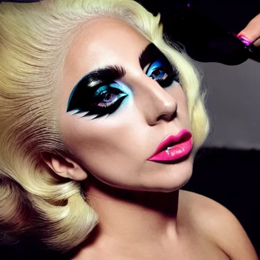 Image similar to Lady Gaga posing for a makeup shoot wearing geometric makeup, dramatic lighting