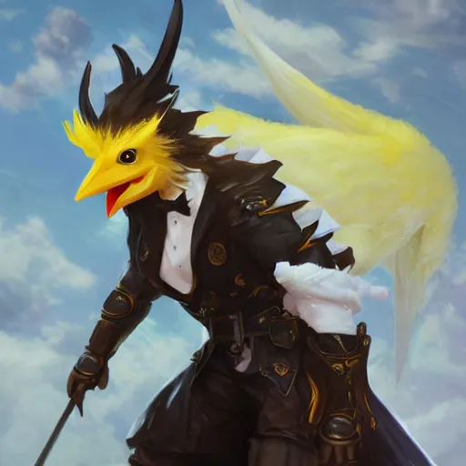 Image similar to final fantasy xiv elf wearing a tuxedo wearing also a racing chocobo mask by Stanley Artgerm Lau, greg rutkowski, thomas kindkade, alphonse mucha, loish, norman Rockwel