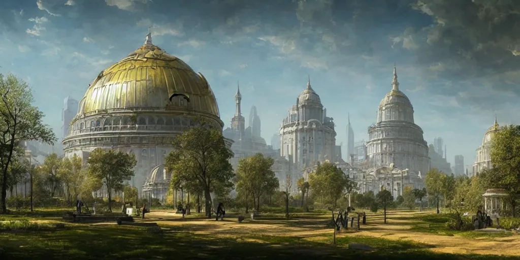 Image similar to a solarpunk city and park with a glorious domed building at its centre, Greg Rutkowski and Ivan Shishkin