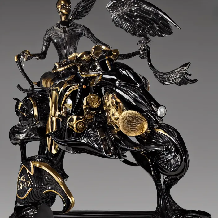 Image similar to fine art statue of black egyptian man on a surrealist motorbike motorcycle, ebony art deco sculpture, carved black marble, inlaid with ebony and gold accents, ebony rococo, wings black lace wear, spider zero, zaha hadid, beautifully lit, hyper detailed, octane render, intricate, elite, ornate, photorealistic, micro details, 3 d sculpture, ray trace