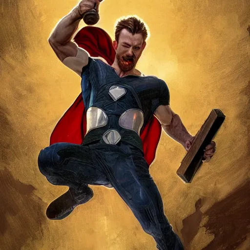 Prompt: Chris Evans wielding mjolnir, highly detailed, digital painting, artstation, concept art, smooth, sharp focus, illustration, ArtStation, art by artgerm and greg rutkowski and alphonse mucha and J. C. Leyendecker and Edmund Blair Leighton and Katsuhiro Otomo and Geof Darrow and Phil hale and Ashley wood and Ilya repin and Charlie Bowater