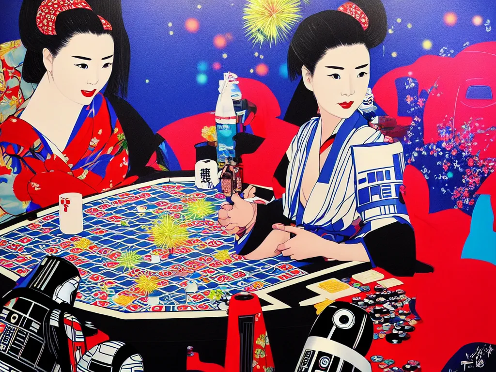 Image similar to hyperrealistic composition of the detailed woman in a japanese kimono sitting at a poker table with detailed darth vader and r 2 d 2, fireworks, mount fuji on the background, pop - art style, jacky tsai style, andy warhol style, acrylic on canvas