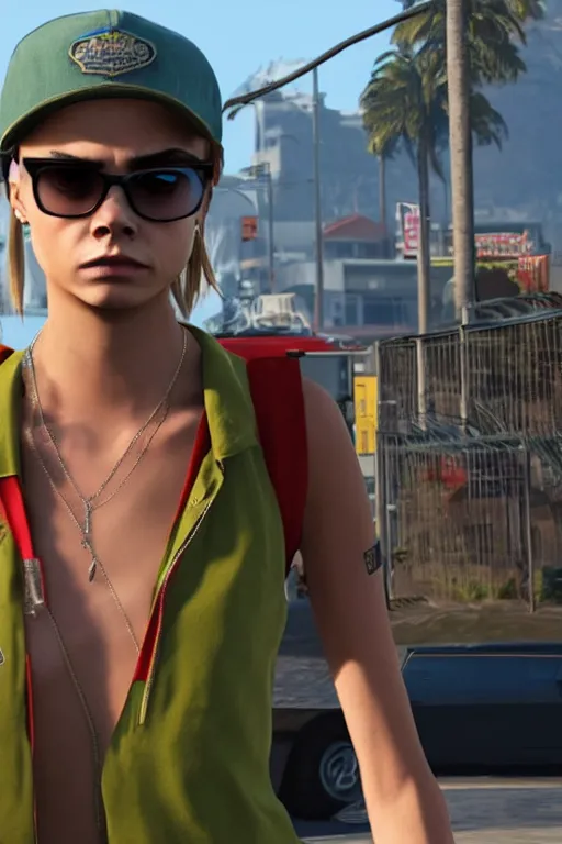 Image similar to Cara Delevingne as a GTA V NPC in Vespucci Beach, in game capture. 3D Render.